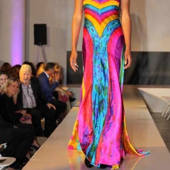 Silk long Dress wedding prom party rainbow orange pink purple blue Med L 8 10 12